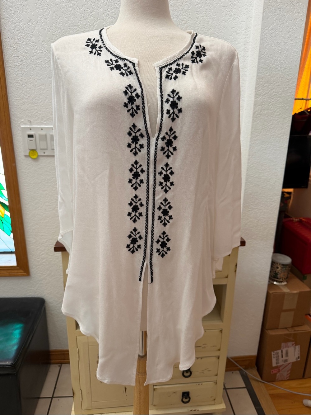 Karen Kane White Tunic with Black Embroidered Front